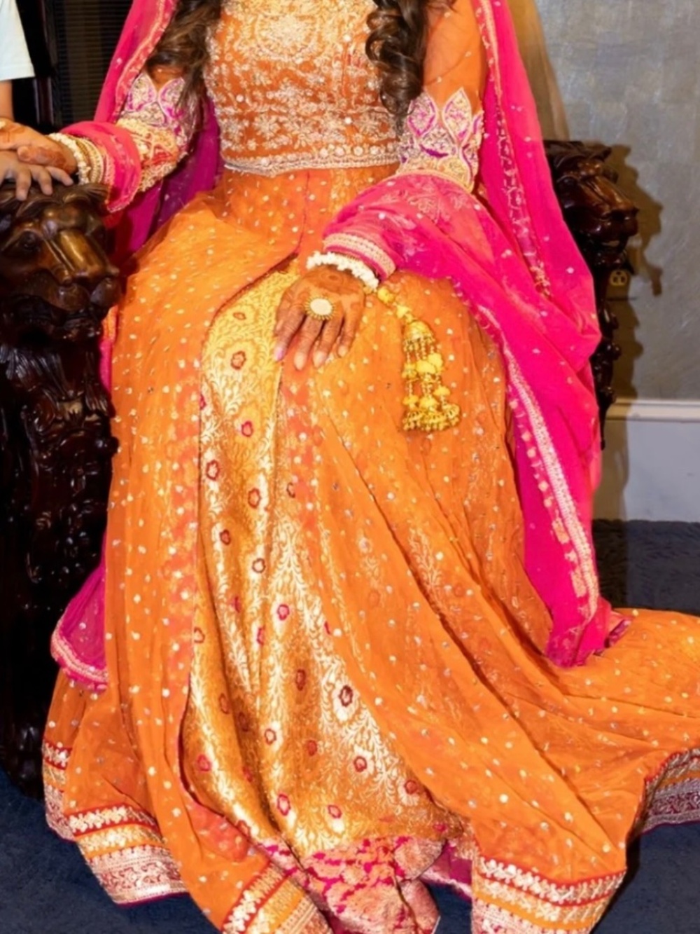 Mehndi Pakistani Bridal lehenga Orange and Pink Embellished Dress